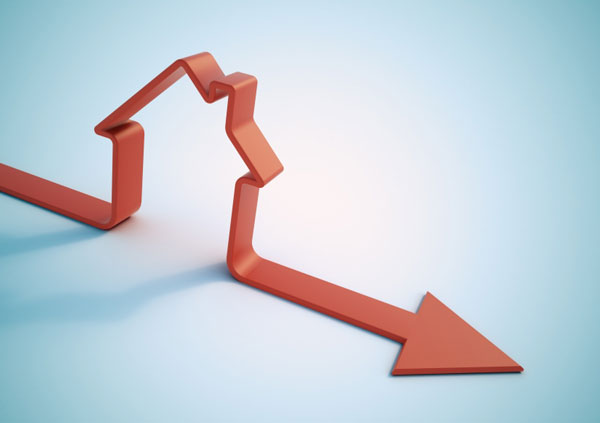 Arrow downwards outlining house silhouette to show uk house prices