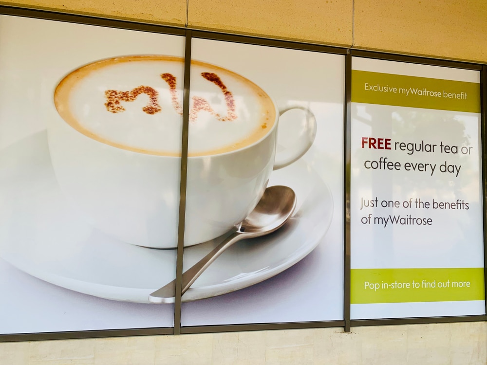 Image of a poster promoting Waitrose coffee to denote Waitrose bringing back free coffee